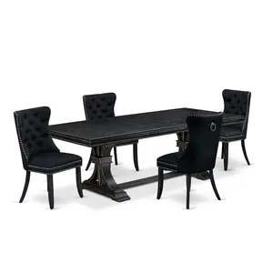 5 piece dining table set of a wooden table and 4 Linen Fabric dining Chairs
