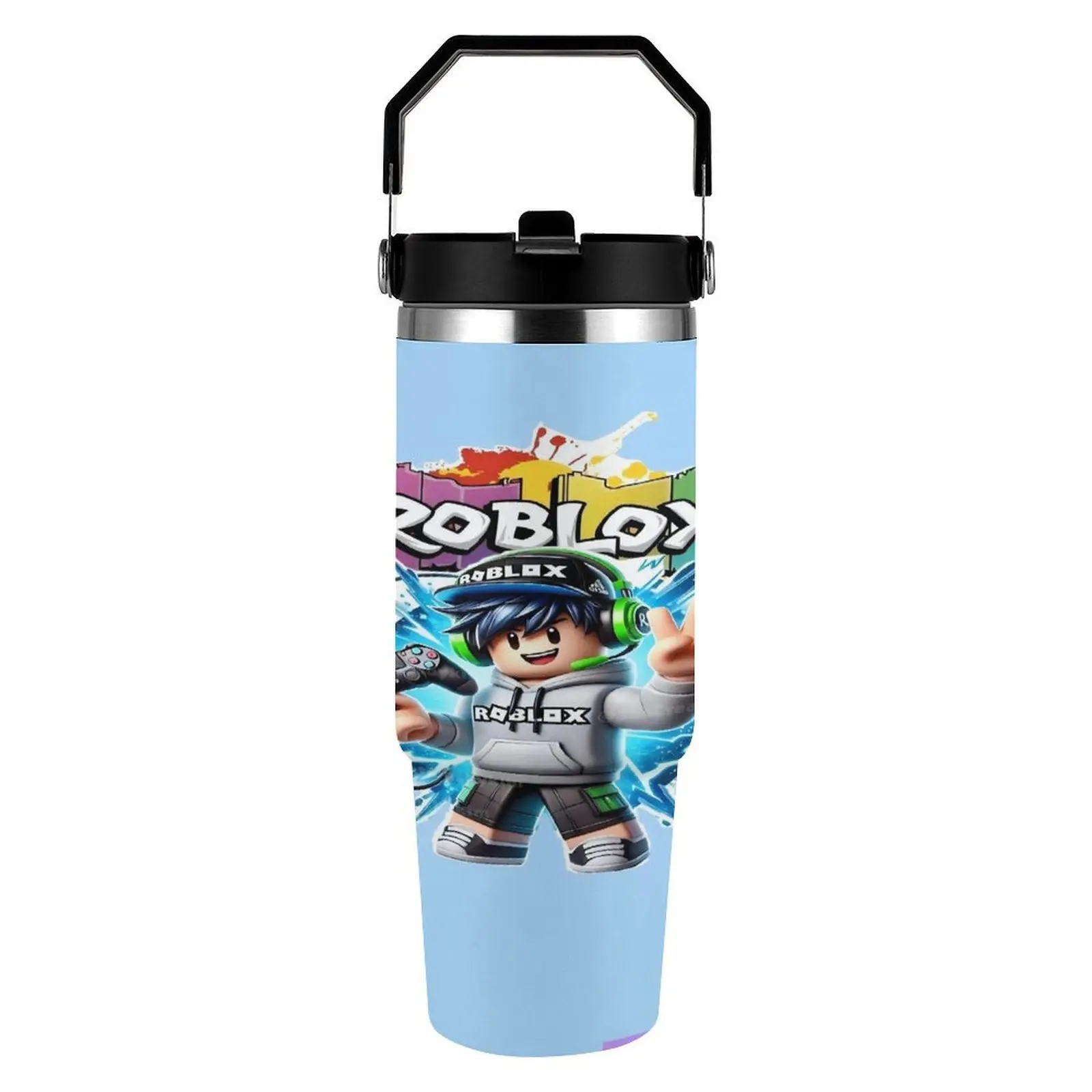 1PC 30OZ Roblox Insulated Drink Tumbler, Stainless Steel Reusable Coffee Water Bottle with Lid & Tote Handle, Portable Outdoor Camping Accessory, Ideal Gift for Roblox Lovers, Halloween