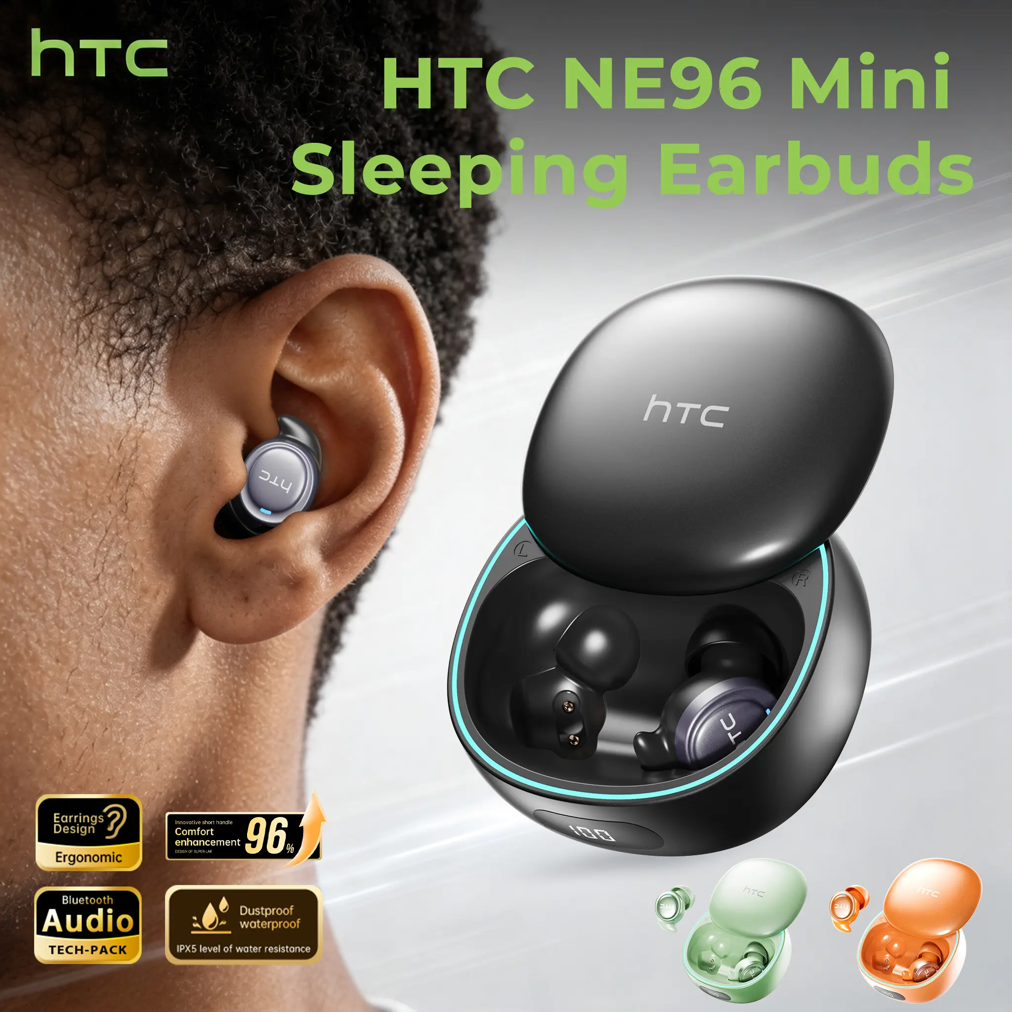 HTC NE96 Wireless Earbuds Bluetooth 6.0 Headphones, Sleep Earbuds, Waterproof Wireless Earphones, Mini Invisible In Ear Earbuds, Suitable for Office, Sports, Sleeping, Gaming, Study and Audio Calls, Built in Microphone Bluetooth Headphones