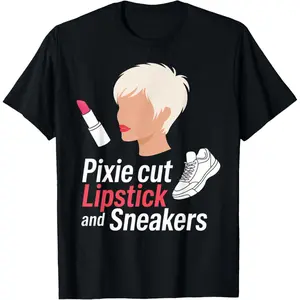 100% Cotton Pixie Cut Lipstick and Sneakers Short Hair Style T-Shirt
