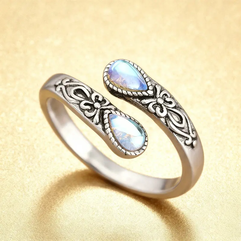 Women’s Boho Teardrop Rainbow Moonstone Open Ring - Antique Silver Carved Flower Adjustable Wrap-Type Gothic Daily Costume Jewelry Accessory