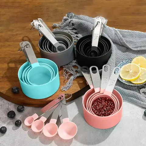 8-Pcs Heavy Duty Metal Steel&Plastic Stackable Measuring Cups and Spoons Set - Turquoise, Engraved Stainless Steel Handle Kitchen Utensils, 180ml Deep Wide Shatterproof Scoops, Dishwasher-Safe for Baking, Coffee, Tea, Flour, Spices, More