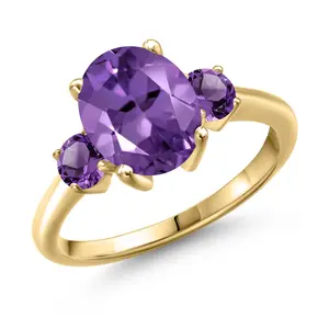 Gem Stone King Gemstone Birthstone 3-Stone Engagement Ring For Women | 18K Yellow Gold Plated Silver | Oval 10X8MM and Round 4MM | Three-Stone Wedding Anniversary Promise Ring | Sizes 5, 6, 7, 8, 9