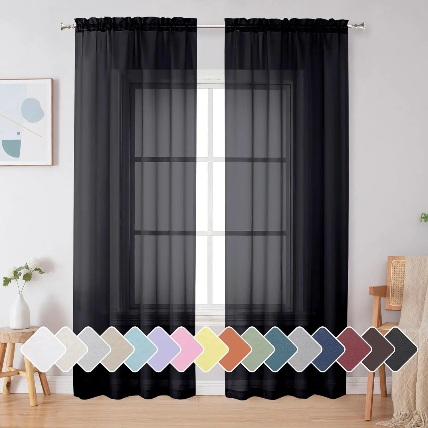 Black Sheer Curtains 84 Inches Long, Light Filtering Rod Pocket Solid Color Window Sheer Curtain Panels, Elegant Curtains & Drapes for Living Room, Bedroom 2 Panels (Black, 42"" W x 84"" L)