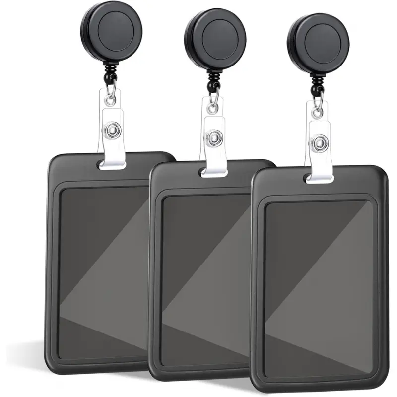 Set of 3 Pieces Sliding ID Card Hard Black Vertical Plastic Card Protective Case ID Badge Holder with Telescopic ID Holder, Suitable for Access Control Cards, Work Cards, Teachers, Students and Other Occasions.
