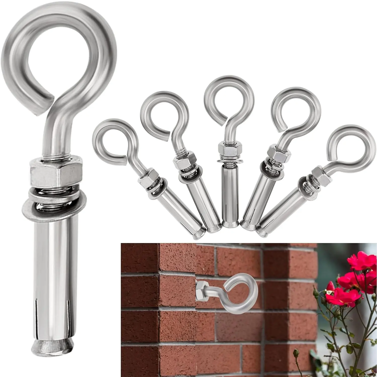 Concrete Eye Bolts 6 count, M10 Eyebolt Bolts Stainless Steel Concrete Anchor Eyebolt Screw Hooks, Heavy Duty Brick Anchors Eyebolts Expansion Screw Lifting Ring Bolt Fastener 3/8 for Concrete Wall