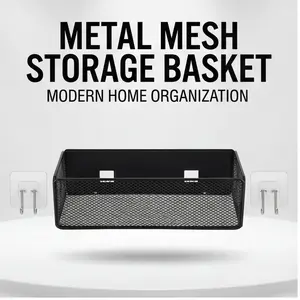 Wall-Mounted Hanging Storage Basket, No-Drill Metal Grid Hook Organizer, Space-Saving Shelf for Bathroom, Kitchen, Dorm, Small Items