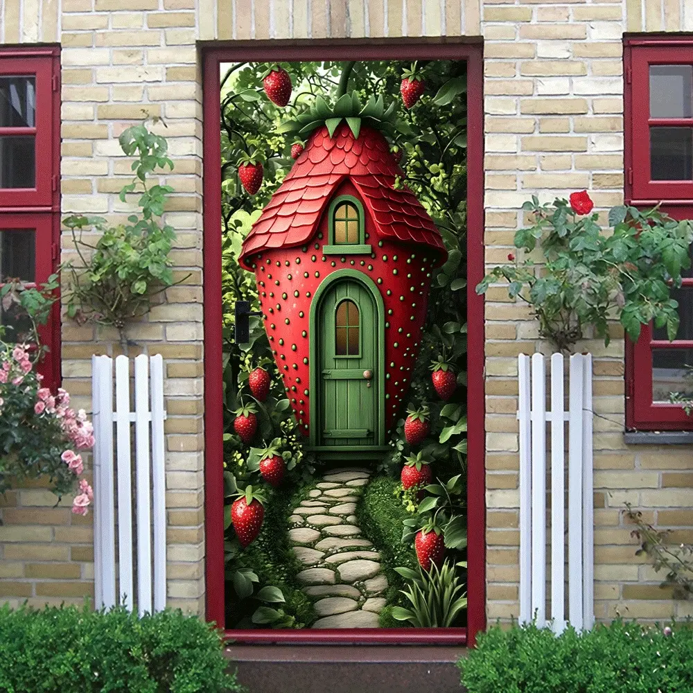 2pcs Strawberry Shaped Fairy House Wall Sticker Kids Room Bedroom Decoration Self Adhesive Removable Cartoon Fruit Door Decal Kindergarten Classroom Creative Poster Eco Friendly PVC Waterproof Wear Resis
