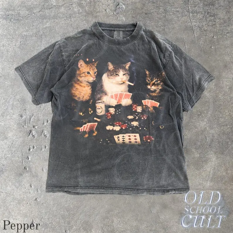Poker Cats Vintage Graphic T Shirt, Retro Funny Gambling Cat Graphic Tee, Kitten Card Game Gift