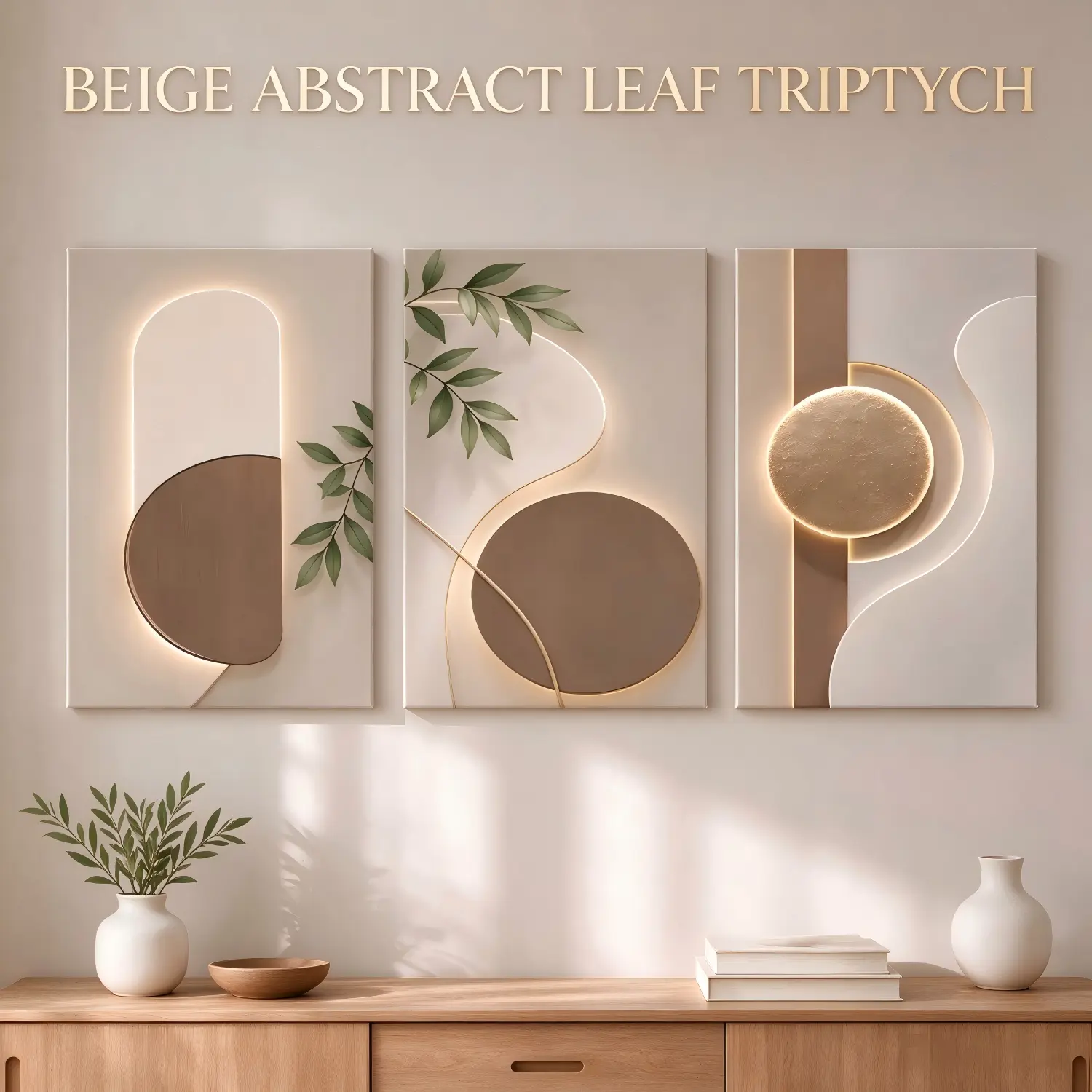 3-Piece Decorative Wood Frame Abstract Canvas Set - Waterproof Multi-Size Creative Print, Neutral Tones, Leaf & Glowing Circle Patterns, Ready-to-Hang Framed Art for Decor for Bedroom,Bathroom Wall Art Decor
