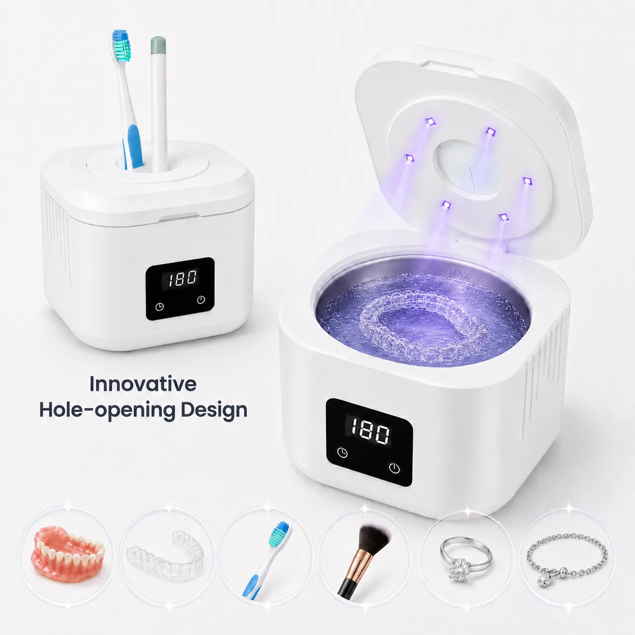Ultrasonic Retainer Cleaner Machine with Brush-Friendly Top Slot, 49kHz Sonic Cleaner with 3 Timer Modes and 6 Built-In LED Lights for Dentures, Aligners, Jewelry, Small Items and Keyboard Keycaps,Ultrasonic Cleaning Accessories day gift idea