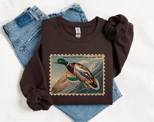 Vintage Waterfowl Stamp Art Sweatshirt, Retro Duck Illustration Crewneck, Nature Lover Birdwatching Pullover, Cozy Wildlife Design Sweater for Outdoor Fans
