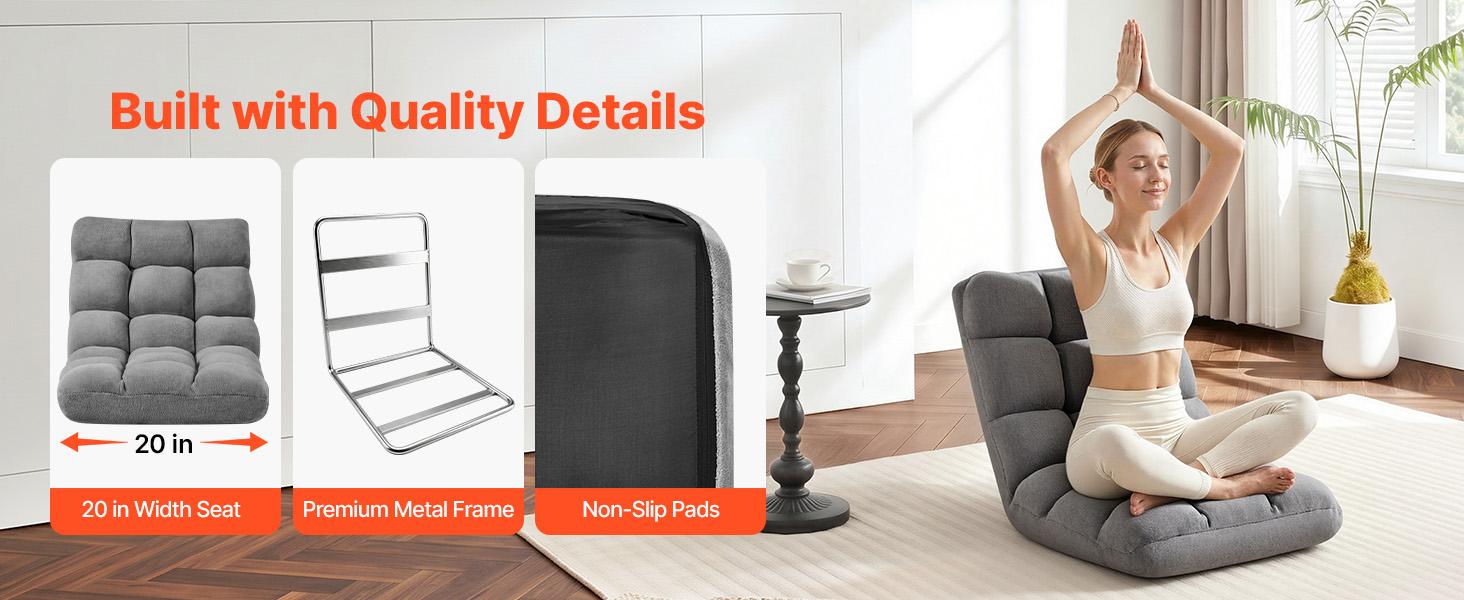 【FathersDayGift】VEVOR Floor Chair, 14 Adjustable Positions Folding Floor Gaming Chair with Back Support, Sturdy Metal Frame with Recycled Foam and Coral Fleece Surface, Multifunctional for Reading, Relaxing, Gray