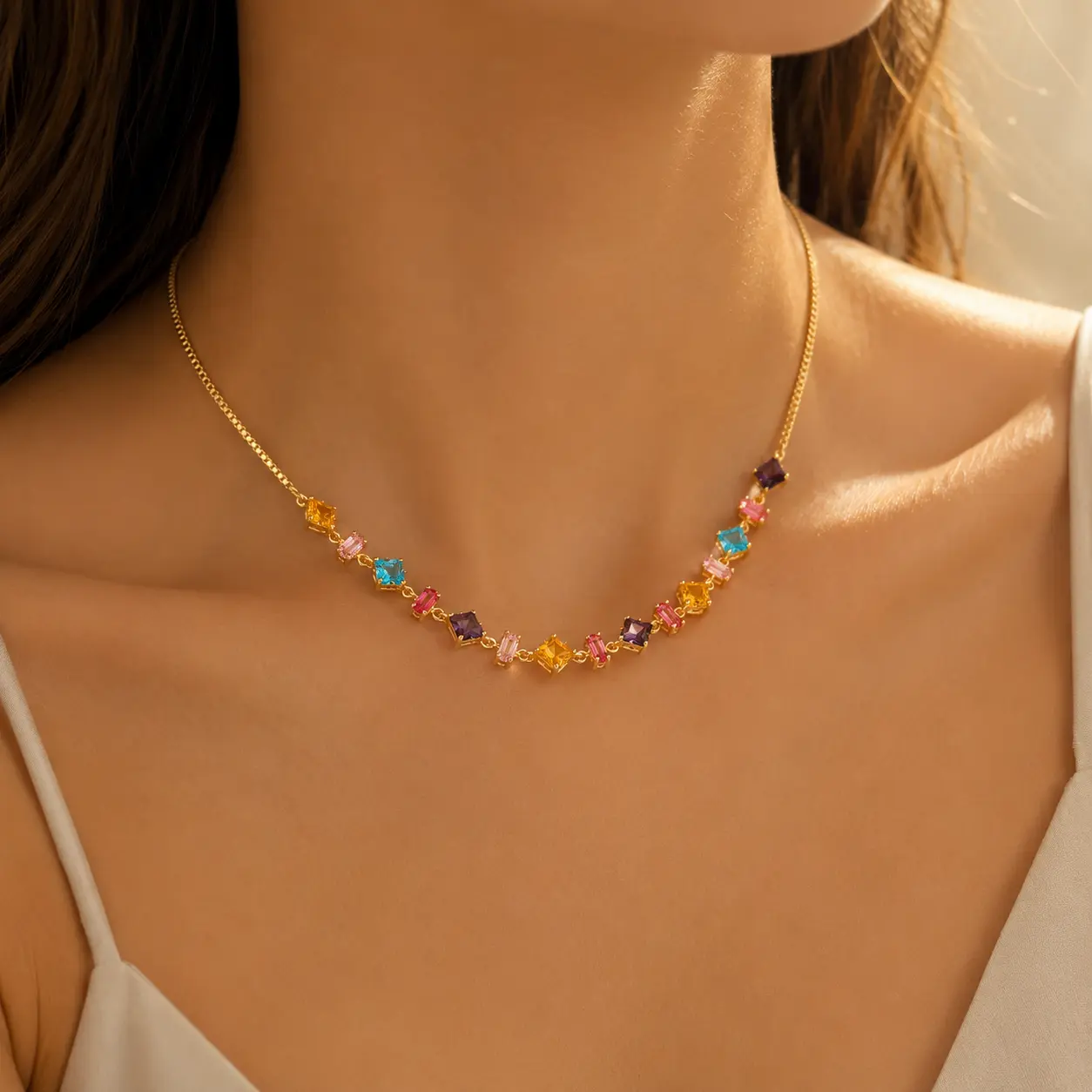 Women's Rainbow CZ Necklace, Colorful Gold Plated Adjustable Chain Necklace, Cute Daily Jewelry Gift for Her
