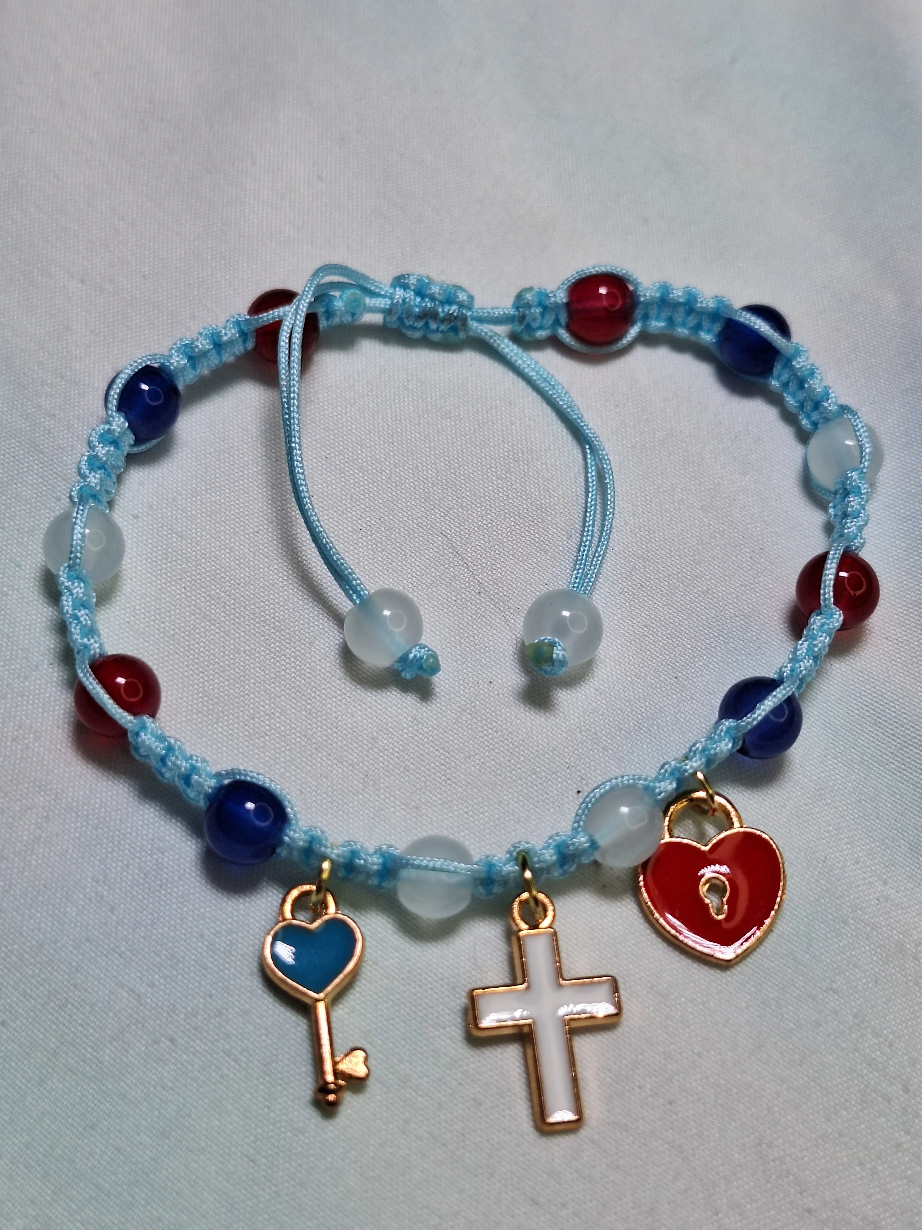 Handmade Spiritual Charm Bracelet - Key Cross Heart Lock Blue Macramé