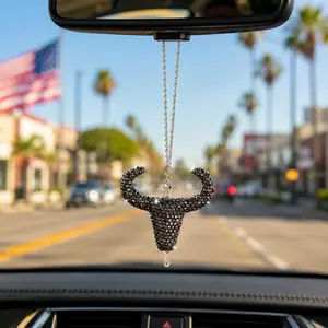 Trendy Bull Head Car Mirror Hanging Decor, Sparkling Rhinestone Bull Horn Rearview Mirror Accessory, Unique Car Ornament Gift for Friends