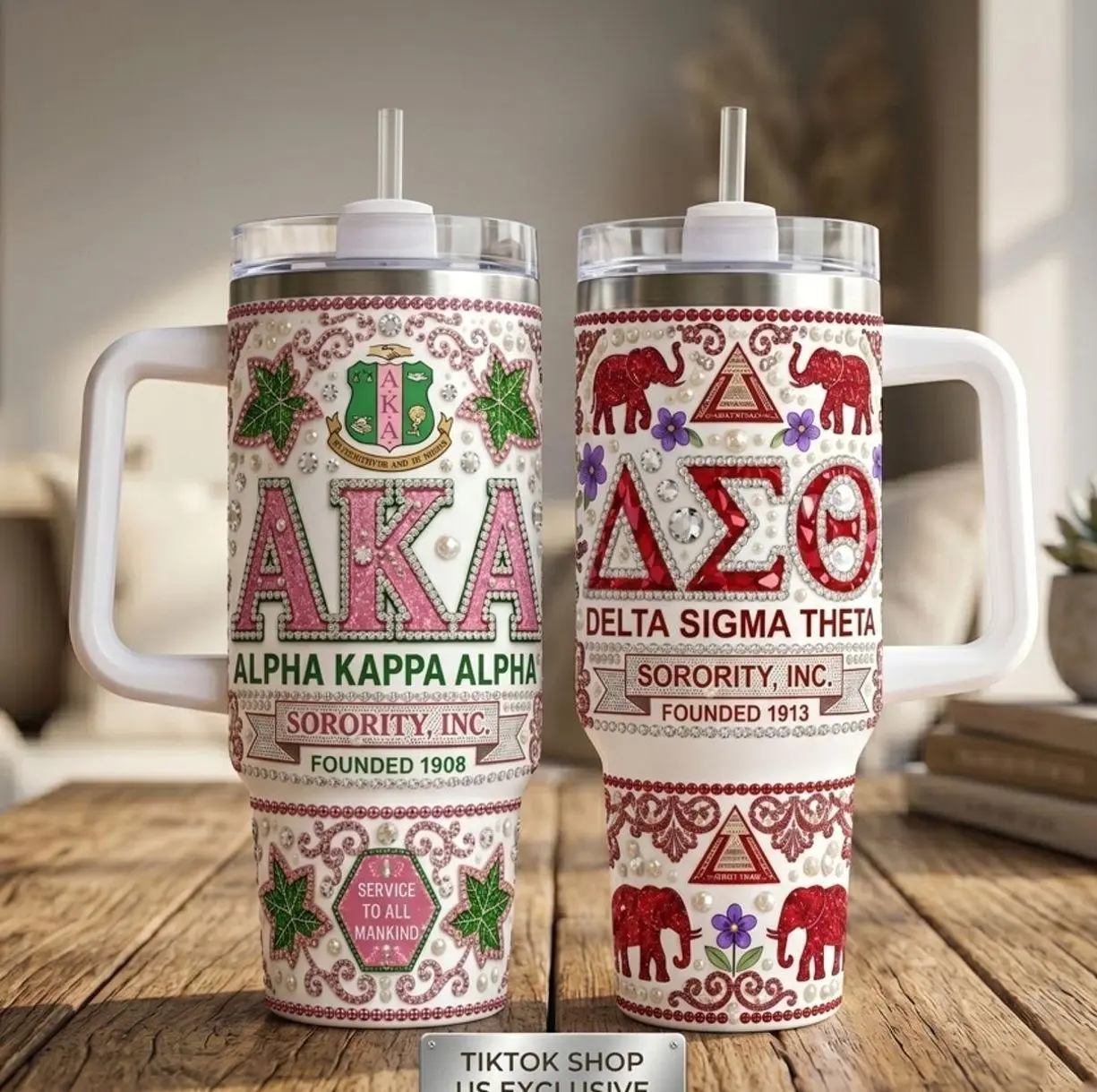 Sorority 40oz Tumbler with Handle | AKA Alpha Kappa Alpha & DST Delta Sigma Theta Bling Rhinestone Insulated Travel Mug | Greek Life Sisterhood Gift
