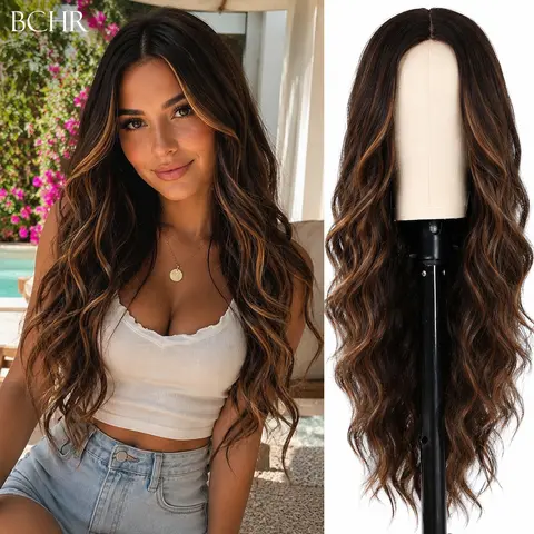 [BCHR HAIR] Buy 1 Get 1 Free 26-inch Long Wavy Ombre Brown Synthetic Full Machine Wig for Women - Glueless, Lace Hairline, Heat Resistant, Realistic, Soft Smooth Texture, Anti-Slip Band, for Daily, Party, Business Events