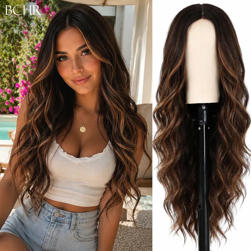 [BCHR HAIR] Buy 1 Get 1 Free 26-inch Long Wavy Ombre Brown Synthetic Full Machine Wig for Women - Glueless, Lace Hairline, Heat Resistant, Realistic, Soft Smooth Texture, Anti-Slip Band, for Daily, Party, Business Events