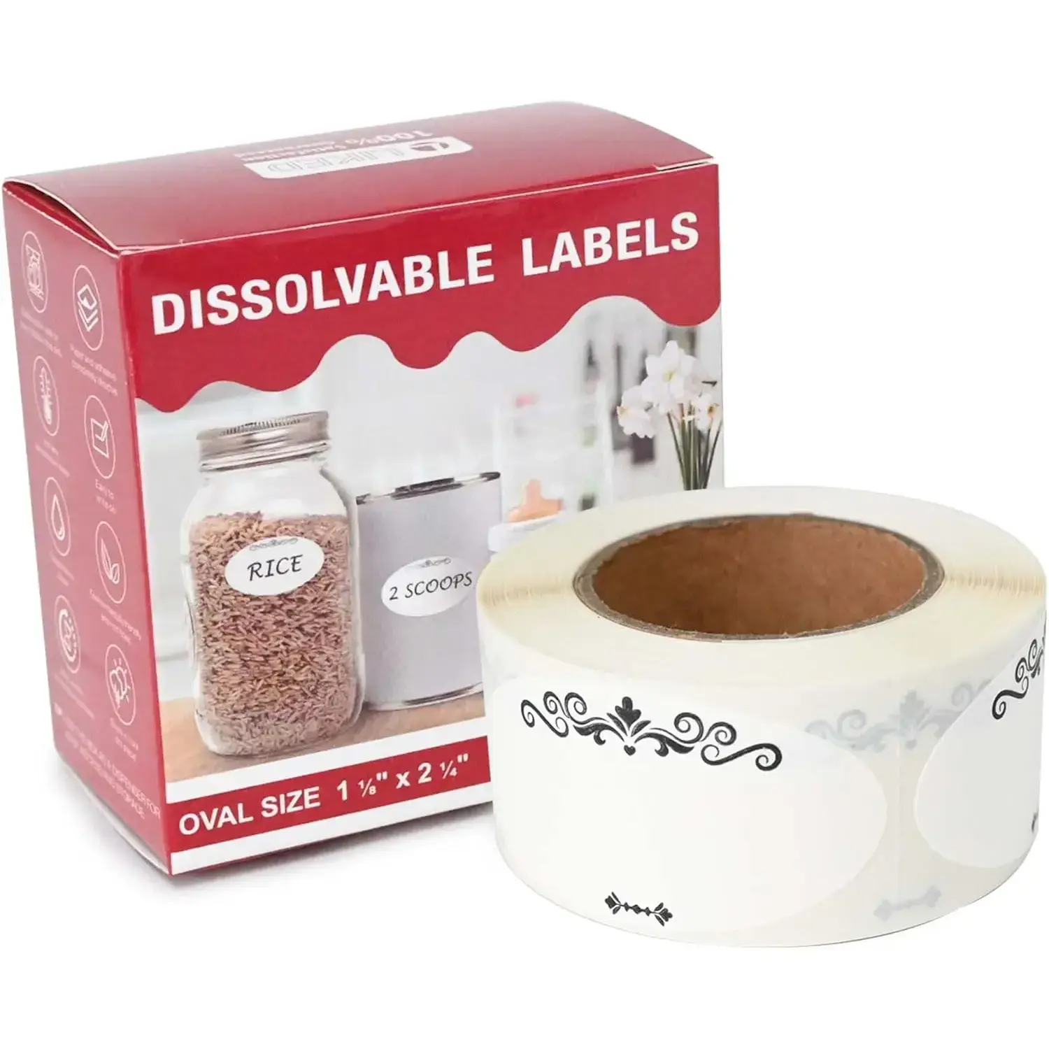 Dissolvable Food Labels - 1 Roll (250 Count, 1.125x2.25 in) Self-Adhesive Writtable Film, No Residue Removable Labels for Canning Mason Jars, Food Prep on Glass & Metal Surfaces, Dissolves Fast