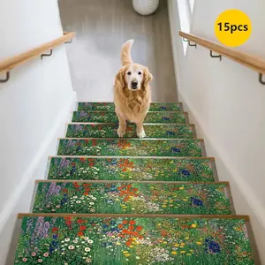 15pc Colorful Wildflower Stair Mats Non-Slip Durable Home Decor Rug, Farmhouse Style Step Pads Odorless Multi-Color Options