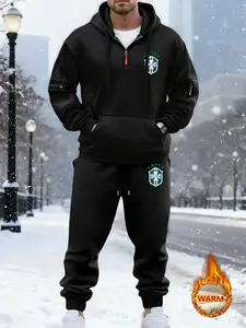 Men's Winter Fleece Warm Hooded Sweatshirt Set, Brazil National Team Graphic Half-Zip Pullover, Casual Long Pants