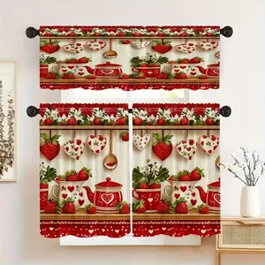 3PC Love, Cutlery and Strawberry Print Curtains | Classic Style, Translucent Polyester Velvet, Machine Washed, Perfect for Kitchen, Cafe, Living Room Window Decoration, All Season Round