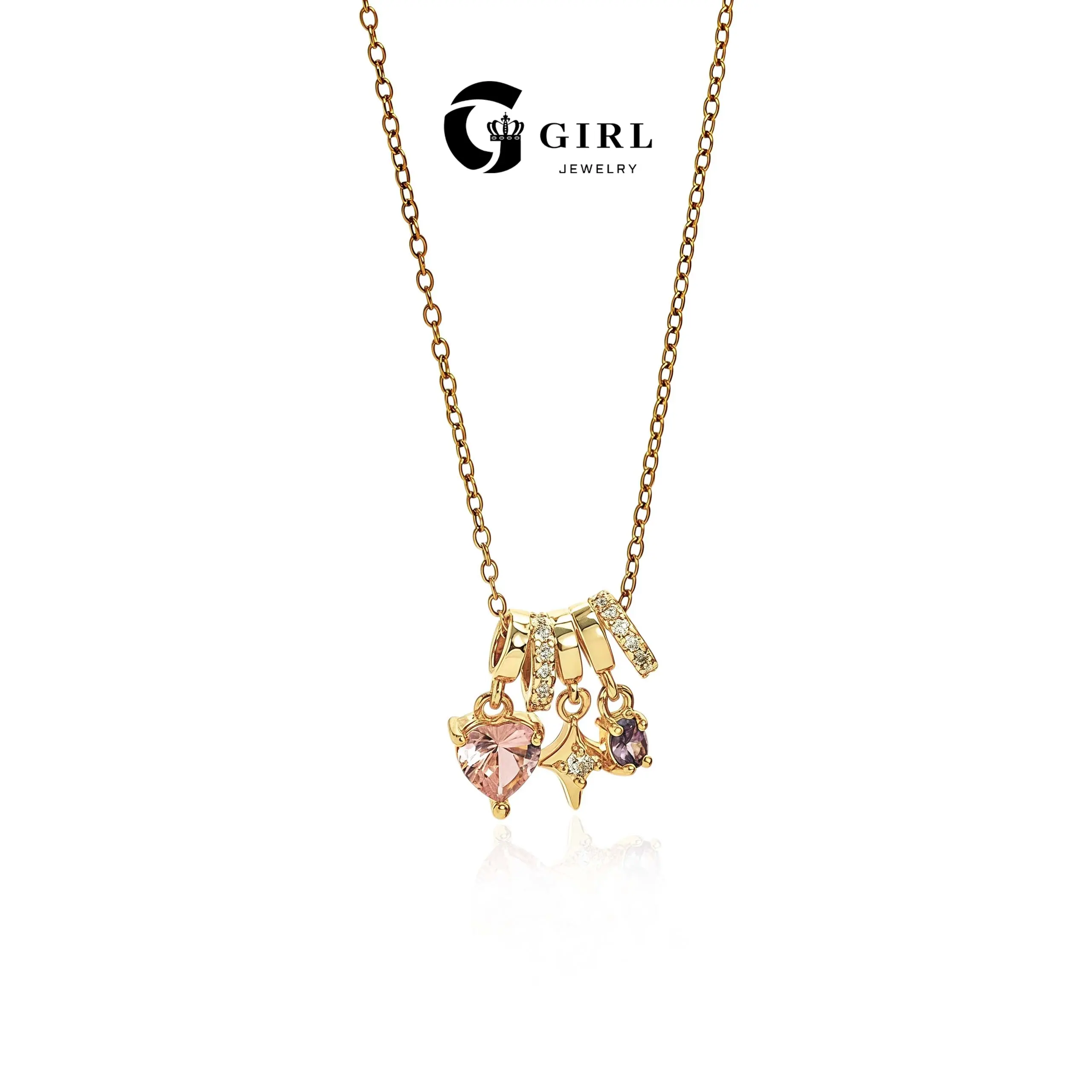 GGIRL 14K Gold Plated Dopamine Heart Necklace Multi-Pendant Heart and Star Pendant Necklace Pink and Purple Zirconia Slippery Bead Choker Sweet and Dreamy Color Scheme Exquisite Gift Box Packaging Suitable for Everyday Wear and Holiday Gifts