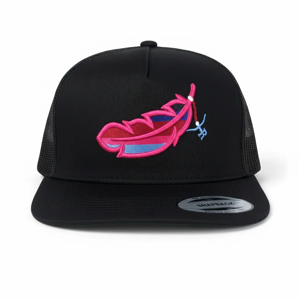 Pink Feather Embroidered Hat Black Mesh Trucker Cap Western Boho Chic 7 Panel Flat Bill Snapback Hat Vintage Southwestern Cowgirl Baseball Cap For Men Women Casual Trendy Gift