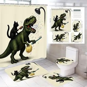 4pcs Whimsical Dinosaur and Cat Bathroom Decor Set - T-Rex with Bath Sponge and Toothbrush under Shower, Includes Floor Mats and Toilet Lid Cover, Perfect for a Fun and Playful Bathroom Makeover!