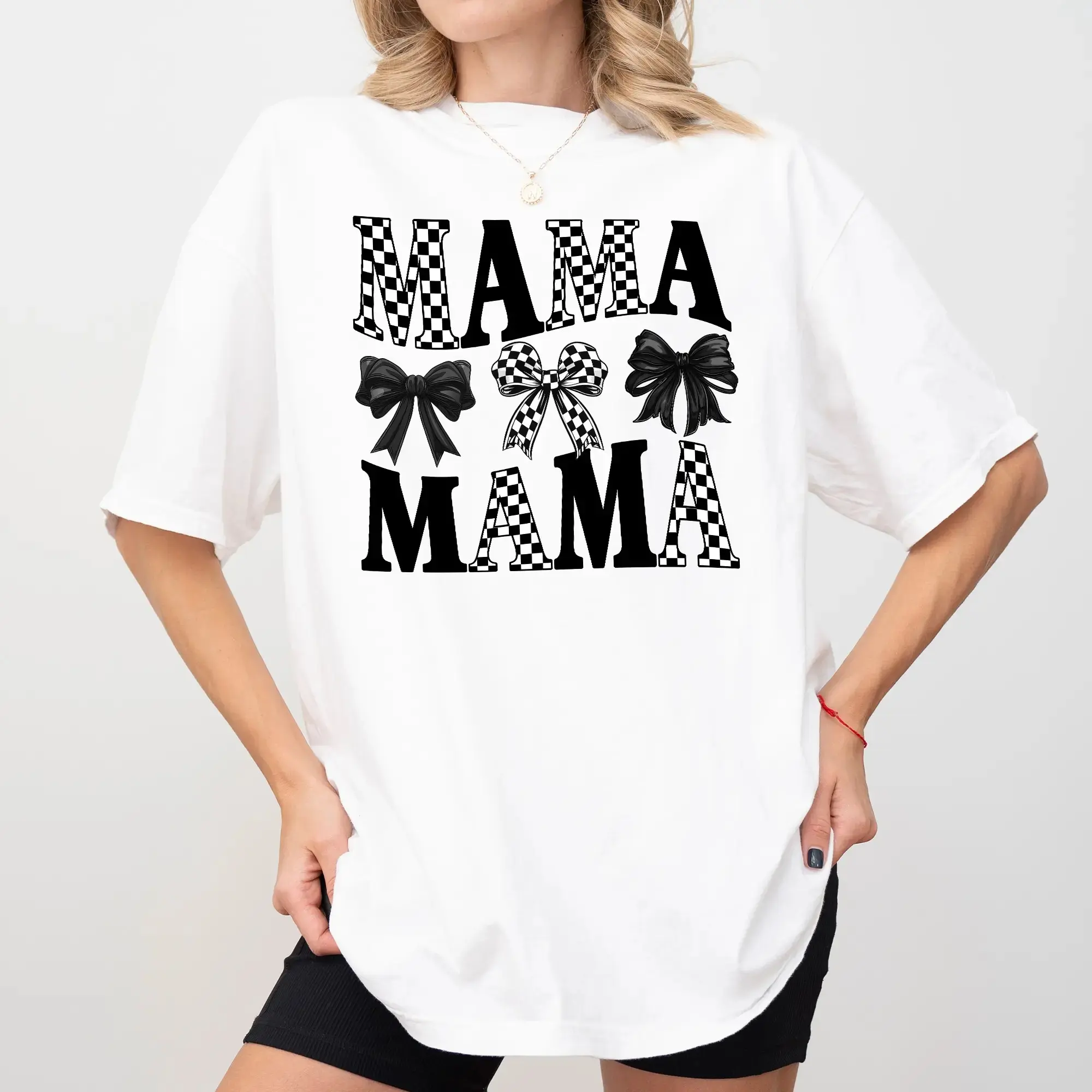 Black Coquette Bow Mama Shirt, Checkered Mama T-shirt, Checkered Lover Graphic Tee, Black Coquette Mom Clothing, Mother's Day Gift Womenswear