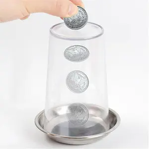 Coin Thru Glass Magic Trick - Stainless steel tray and cup Prop for Beginners