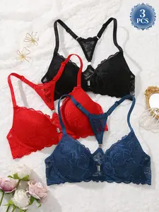 3PCS Women's Front Closure Lace Backless Bra, Add cup Push-up Underwire Lift Anti‑sagging Breathable Bra,comfort Adjustable Daily Wear Backless Dates Plunge