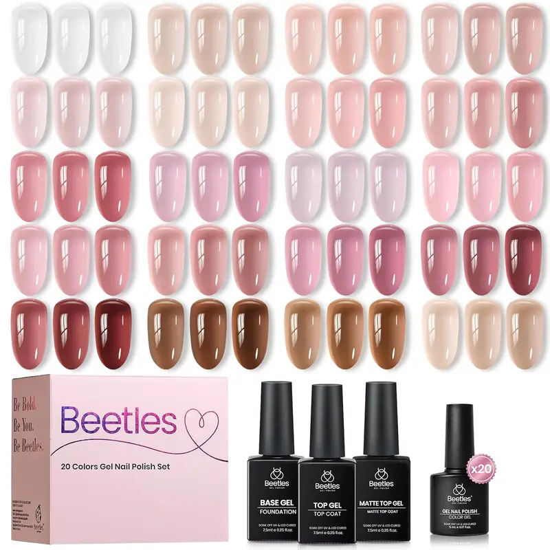 Beetles Jelly 20Colors Gel Nail Polish Set, Nude Color Wedding Nail with Base&Top Coat - Sheer Glitter, Soak Off, DIY Manicure, Neutral Jelly Pink, Nails at home DIY Nail Cutics Cosmetic mothersdaygift Spring Nail Summer Nail Vacation Nail #SummerVibes