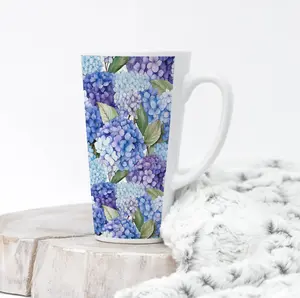 17oz Ceramic Latte Mug – Blue & Purple Hydrangeas Garden, Large Coffee & Tea Cup, Floral Gift for Her
