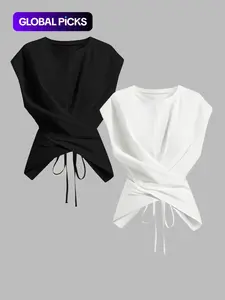 Summer Women's 2-Piece Knitwear Round Neck Drop Shoulder Sleeve T-Shirt Set, Fashion Chic Casual Asymmetrical Ruched Cross Top, Womenswear