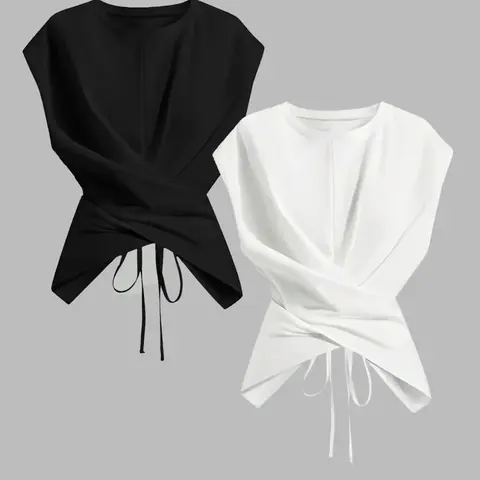 Summer Women's 2-Piece Aesthetic Casual Knitwear Round Neck Drop Shoulder Batwing Sleeve T-Shirt Set, Fashion Chic Casual Asymmetrical Ruched Cross Top, Womenswear