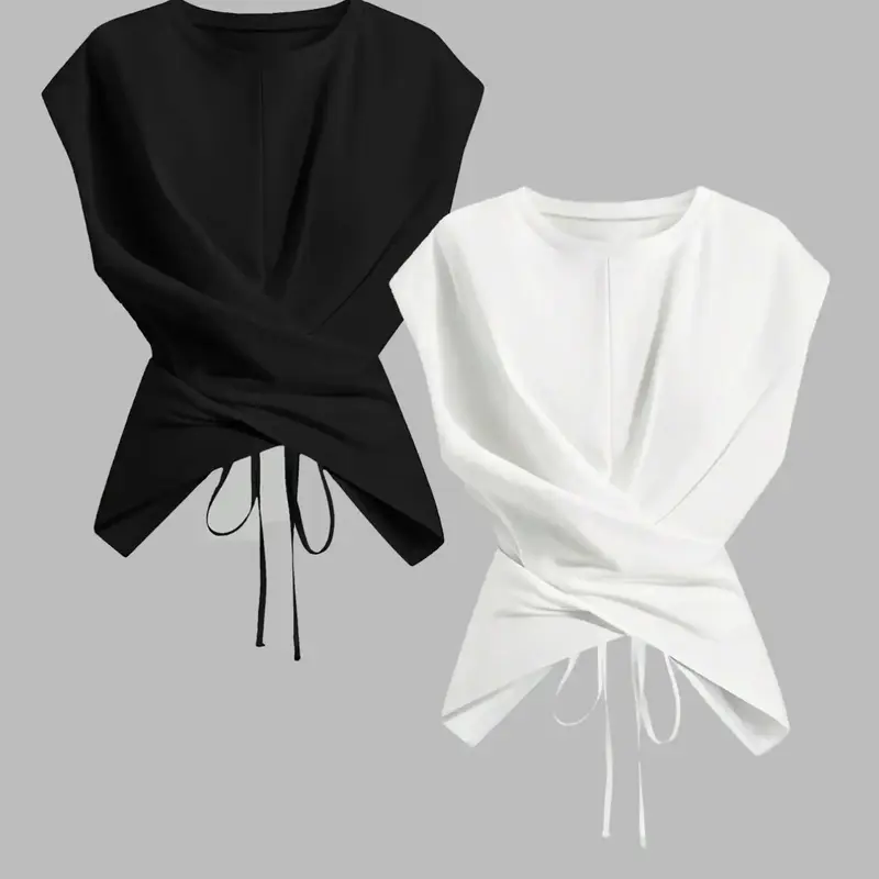 Summer Women's 2-Piece Aesthetic Casual Knitwear Round Neck Drop Shoulder Batwing Sleeve T-Shirt Set, Fashion Chic Casual Asymmetrical Ruched Cross Top, Womenswear
