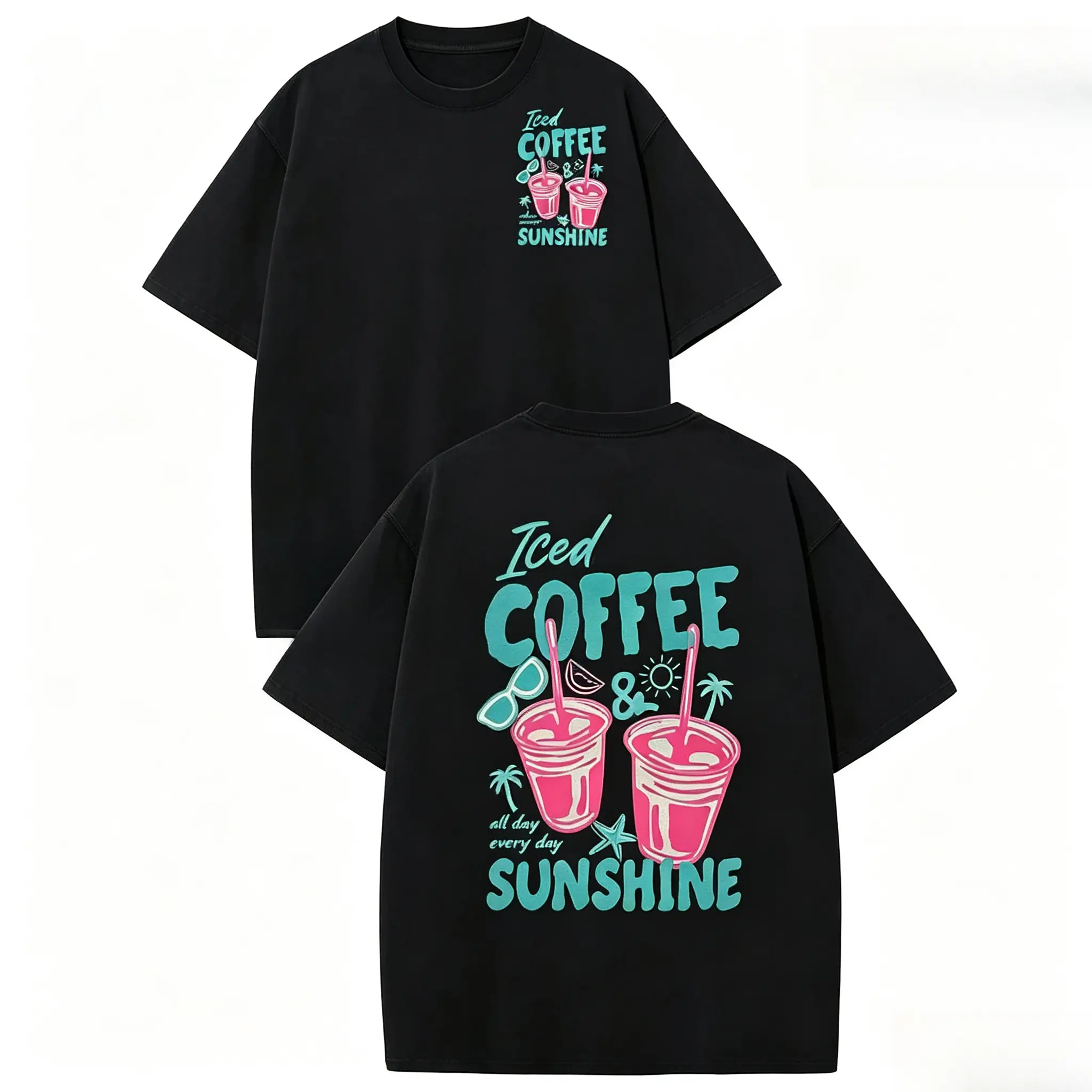 Classic Loose Fit Cotton Crew Neck T Shirt With Matching Front Chest And Full Back Iced Coffee All Day Every Day Sunshine Art Print Complete With Tropical Summer Drink Accents Unisex Short Sleeve Everyday Vacation Coffee Obsessed Graphic Street Style Tee