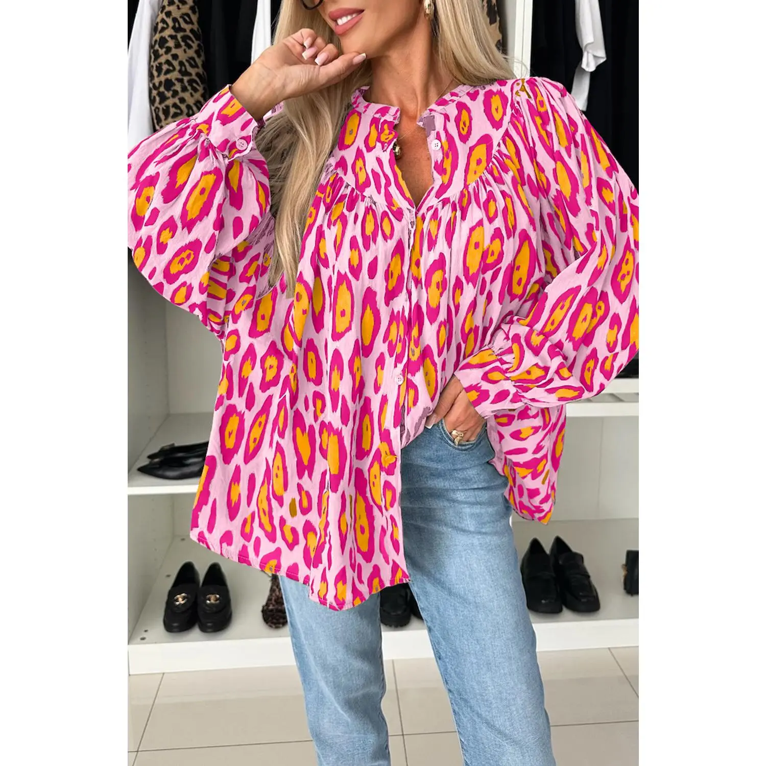 Light French Beige Leopard Print Balloon Sleeve Loose Blouse