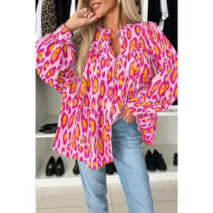 Light French Beige Leopard Print Balloon Sleeve Loose Blouse