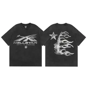 Hellstar Classic Logo T-shirt - Vintage Washed Black Oversized Streetwear Tee with Flame Face Back Print