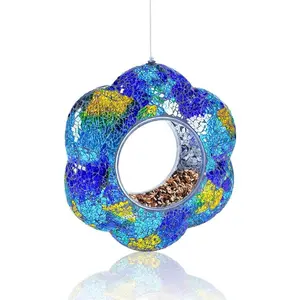 Mosaic Bird Feeder, Fly Through Bird Feeders for Outdoor Hanging, Handmade Glass Wild Bird Feeder, for Garden Yard Backyard Deck and Porch, Gift for Mom Wife Friend, Blue Flower, 8"