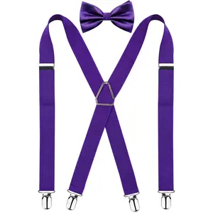 Men's 4 Clips X-Back Solid Suspenders Pre Tied Bow Tie Set Elastic Adjustable Braces