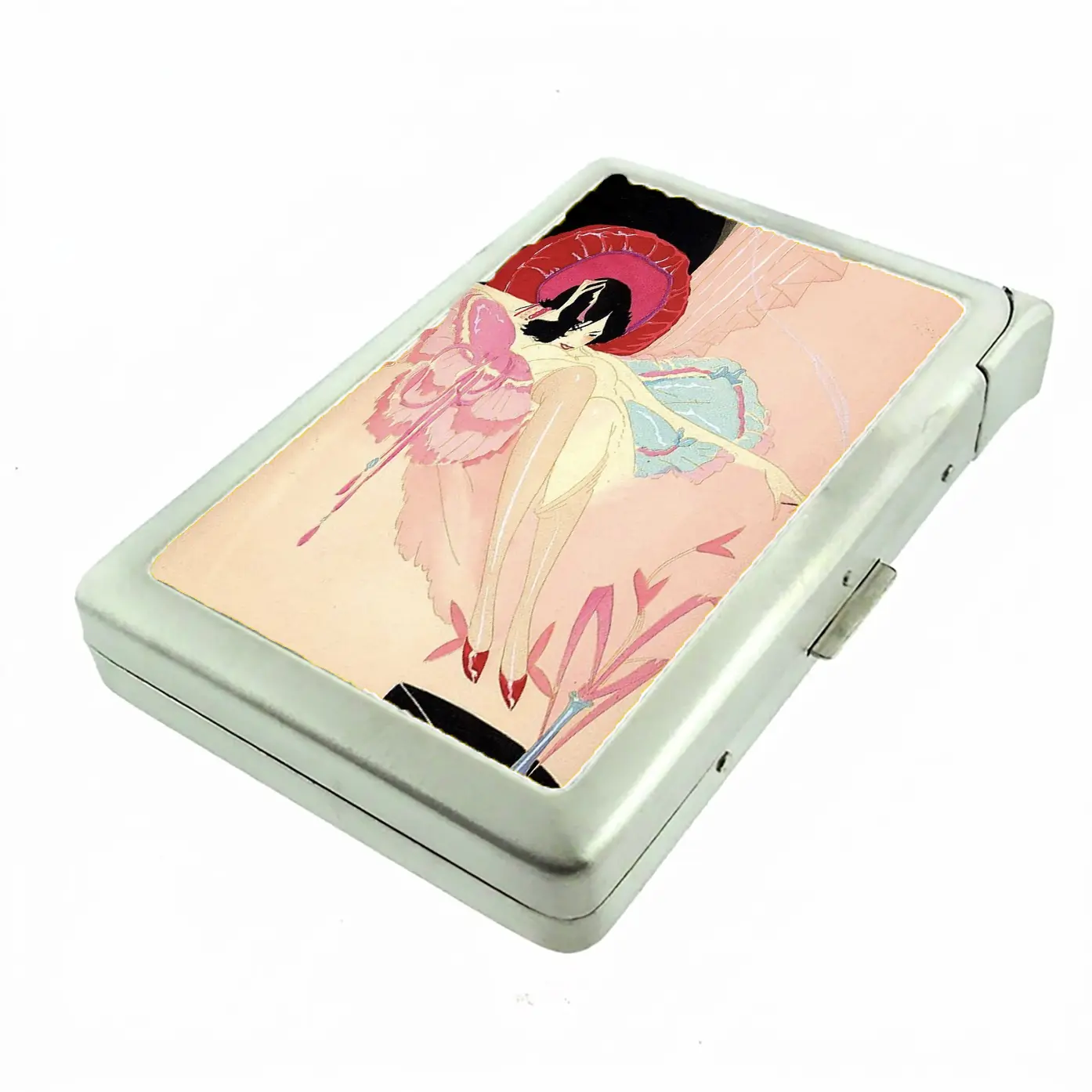 100's Sized Pink Deco Lounging Woman Metal Case with Built in Lighter Wallet