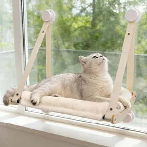 Cat Window Perch Hammock for Large Cats, Heavy Duty 40lbs Support, 4 Strong Suction Cups, No-Drill Easy Install, Solid Wood Frame Cat Bed for Sunbathing & Bird Watching, Indoor Cats Beige