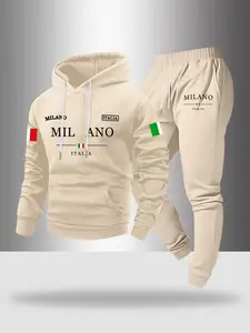 Men's Milano Letter Print Casual Sportswear Set, Hooded Sweatshirt & Drawstring Pants, Fall Winter Loose Fit Long Sleeve, Letter Print Tracksuit