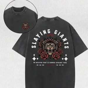 Slaying Giants Lion & Roses Washed 100% Cotton Oversized Tee | Faith Inspired Streetwear