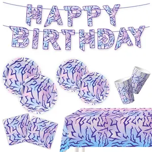 New Lightning Stripe Party Set, Includes Paper Plates, Napkins, Cups, Tablecloth, Cutlery, Flags, Disposable, Ideal Gift, Fits 20 Guests