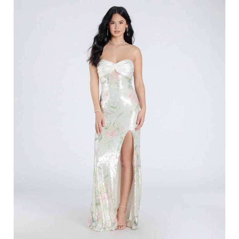 Angelina Satin Tie-Back Floral Sequin Formal Dress